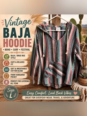 Vintage Baja Hoodie Striped Pullover Boho Hippie Surf Hoodie Drug Rug